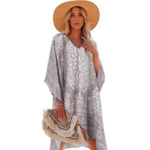 Women's 1 Grey 100% Viscose Kaftan for Bathing Swimsuit Floral Pattern Dress